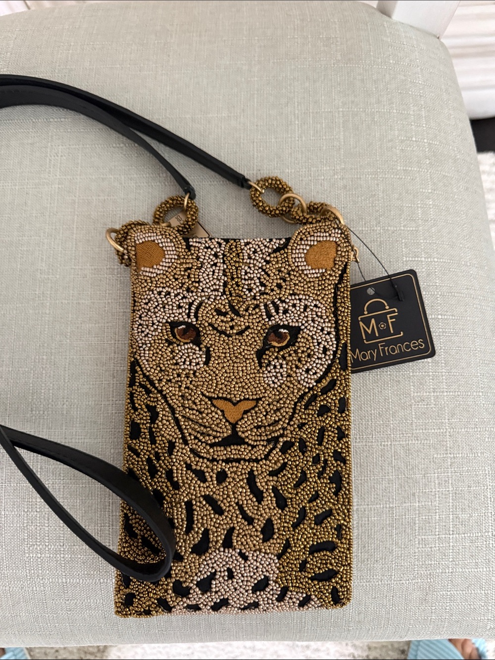 Mary Frances Black & Gold Leopard Beaded Crossbody Phone Bag